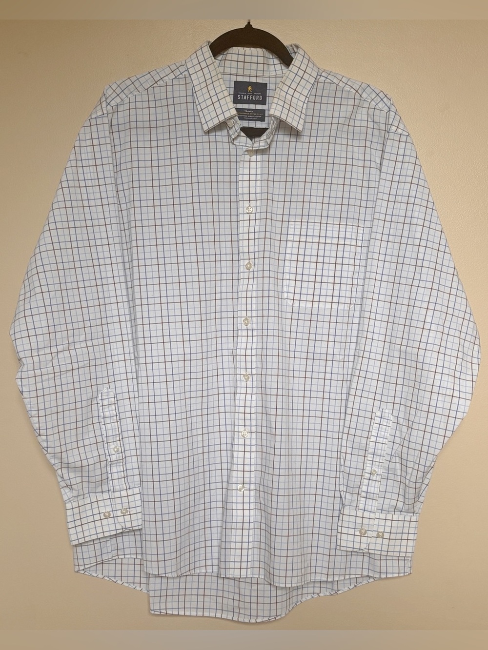 Stafford Men’s White Dress Shirt with Blue and Brown Windowpane / neck size 17.5